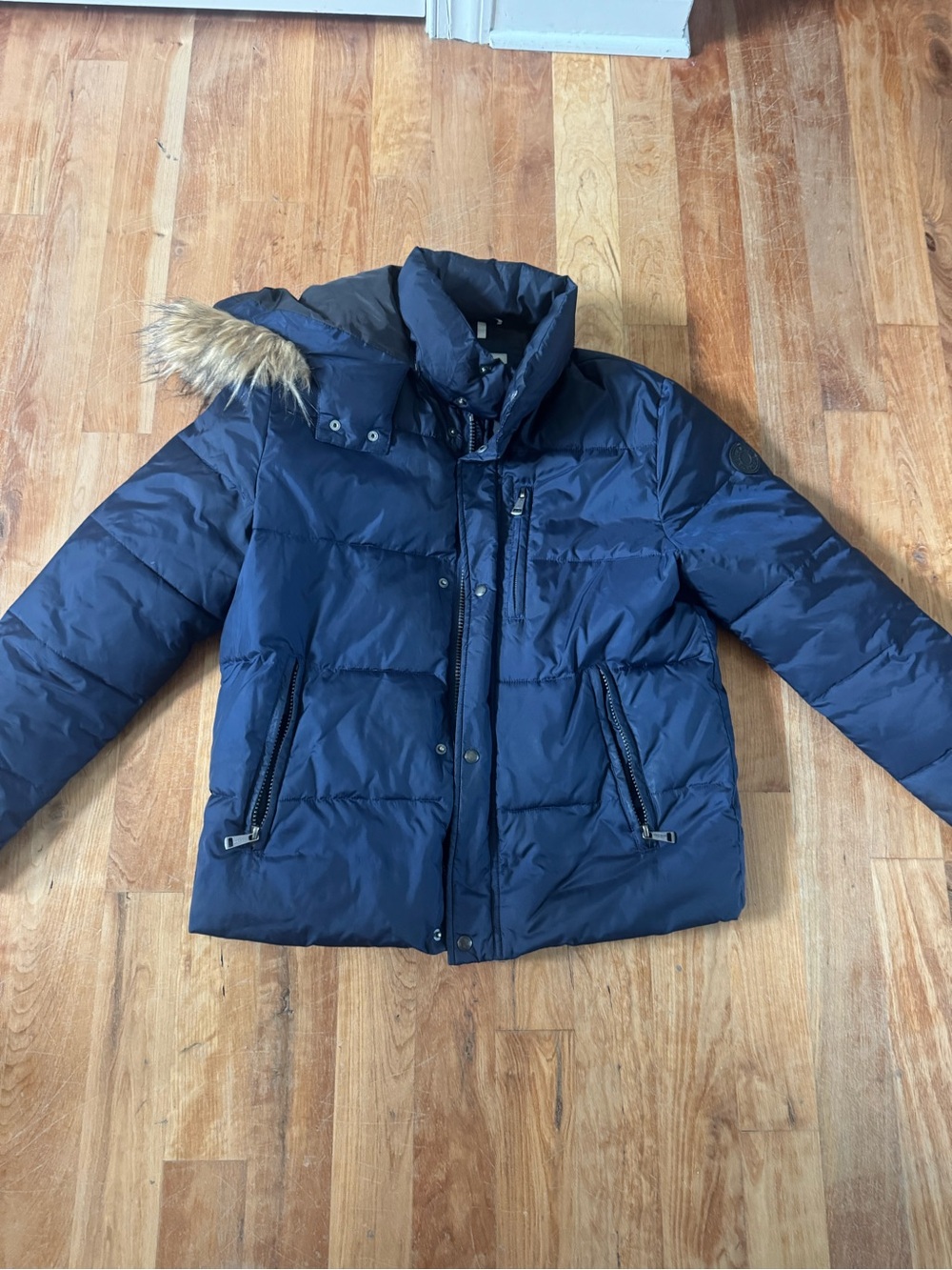 Cole Haan Navy Puffer Jacket with Fur Trim